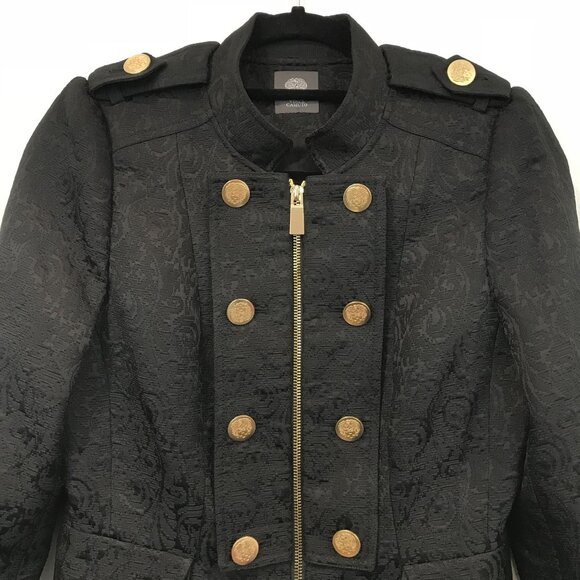 Black Jacquard Military Style Jacket Gold Button Zipper Vince Camuto Size M - Picture 7 of 13